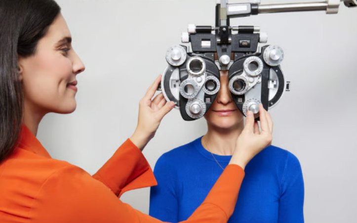 Patient behind a phoropter