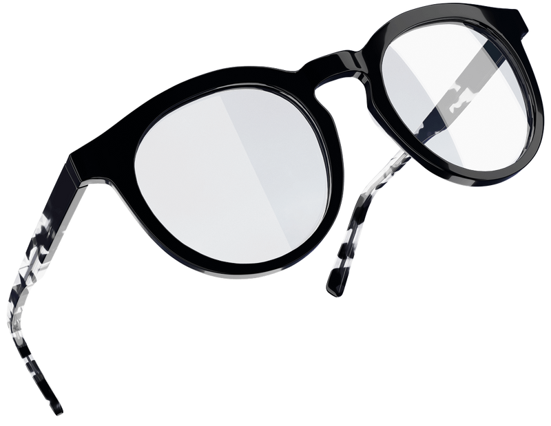 A pair of glasses shown with and without a blue light filtering coating.